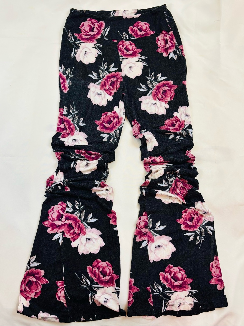 Charlotte Russe Floral Flare Pants Size S Black Pink Rose Print Stretchy Ruffle